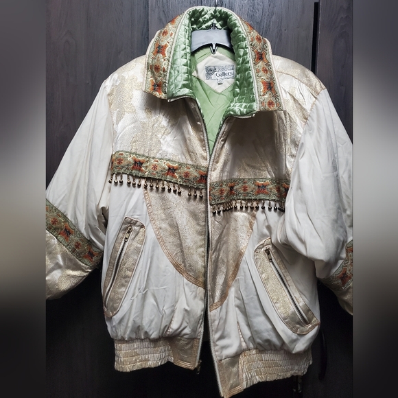 90s Farm Rio Style Puffer Jacket Cream & Gold Boho Bomber Vintage Otello Pelle - Picture 2 of 10